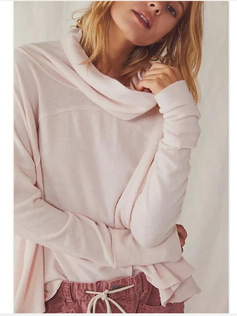 Free People We The Free Cozy Time Funnel Neck Knit Oversized Top Light Pink Sz L